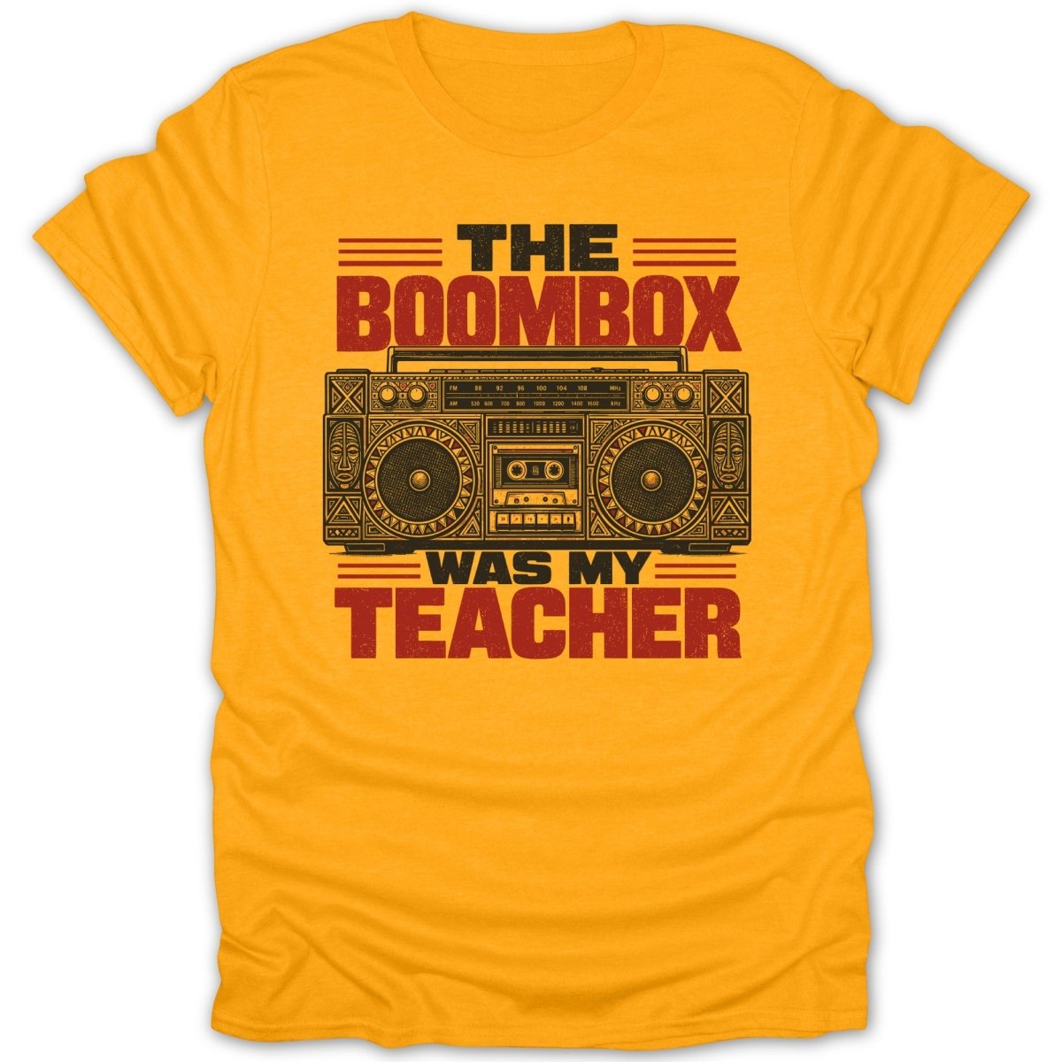 Yellow t-shirt with "The Boombox Was My Teacher" text and boombox graphic.