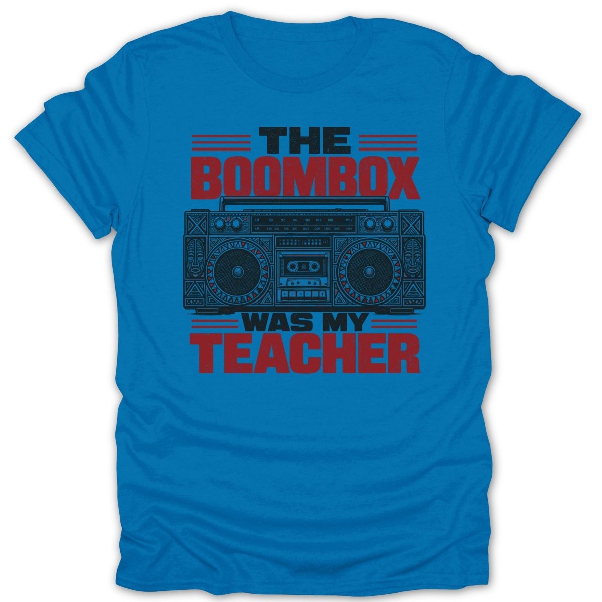 Blue t-shirt with "The Boombox Was My Teacher" and boombox graphic.