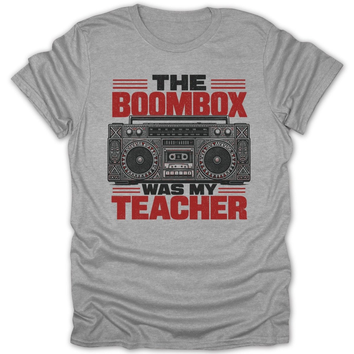 The Boombox Was My Teacher t-shirt with retro boombox graphic.