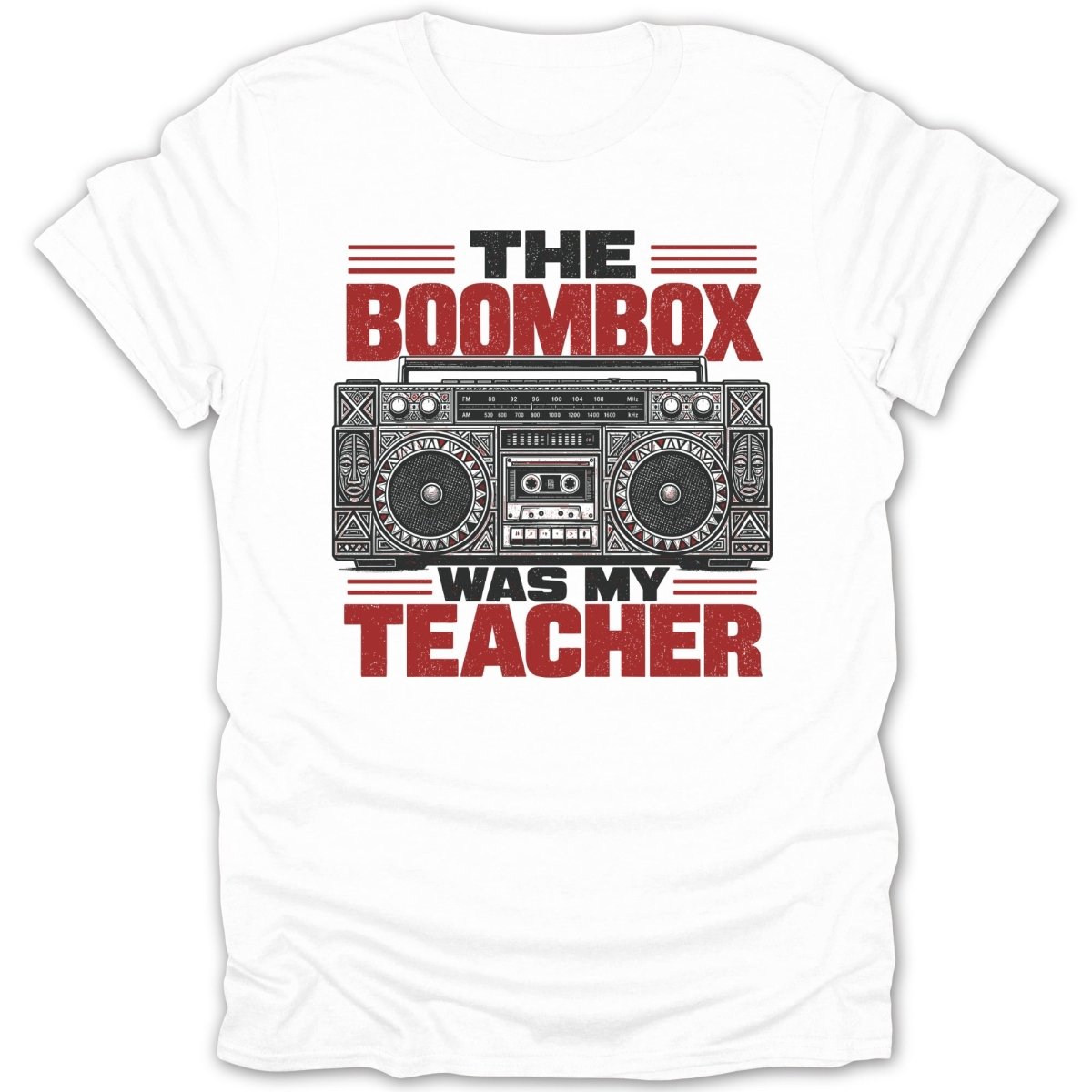 T-shirt graphic with boombox and text "The Boombox Was My Teacher".