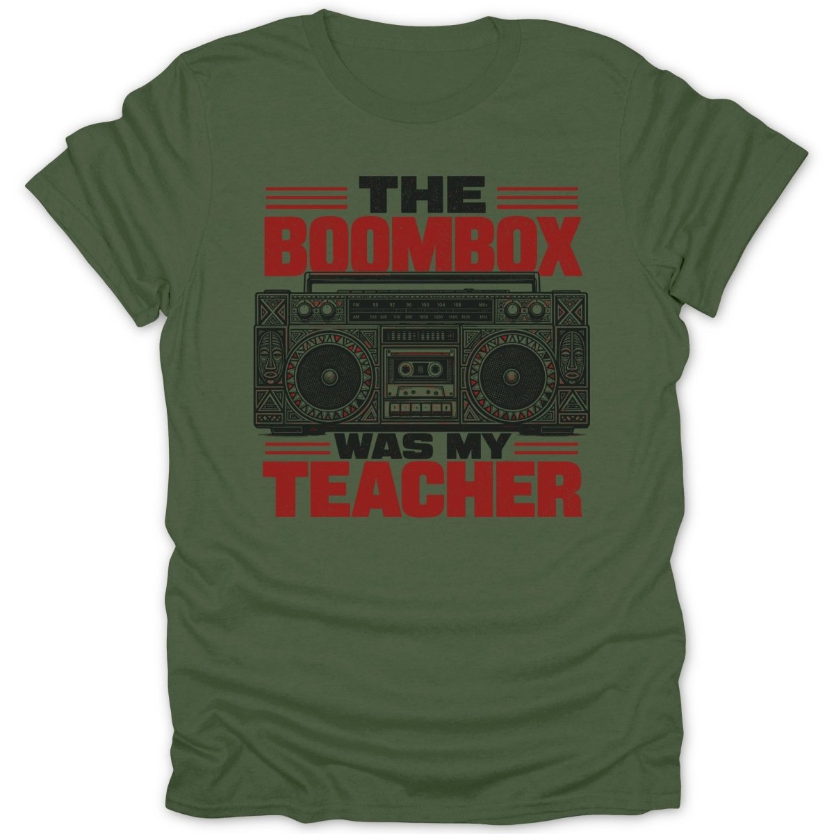 Green t-shirt with "The Boombox Was My Teacher" graphic and vintage boombox illustration.