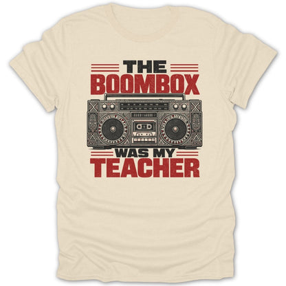 Cream t-shirt with red and black text and graphic of a boombox.