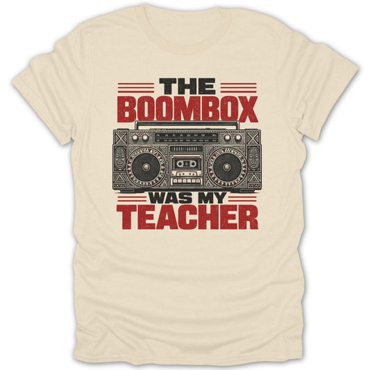 Cream t-shirt with red and black text and graphic of a boombox.