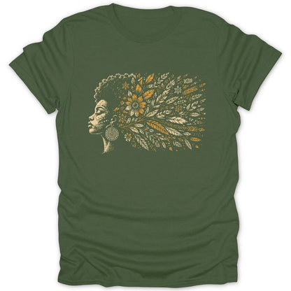 Green t-shirt with profile of woman with floral and leaf hair design.