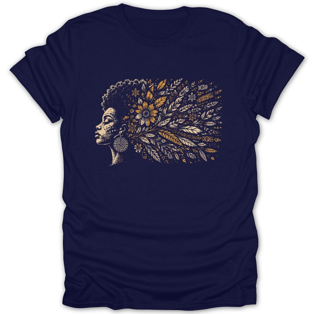 Dark blue t-shirt with a graphic of a woman's profile and floral hair in gold and white.
