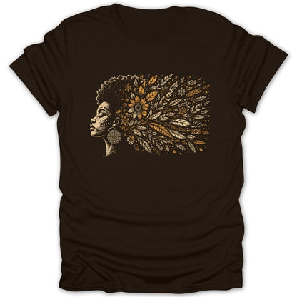 Brown t-shirt with a graphic of a woman's profile with floral hair.