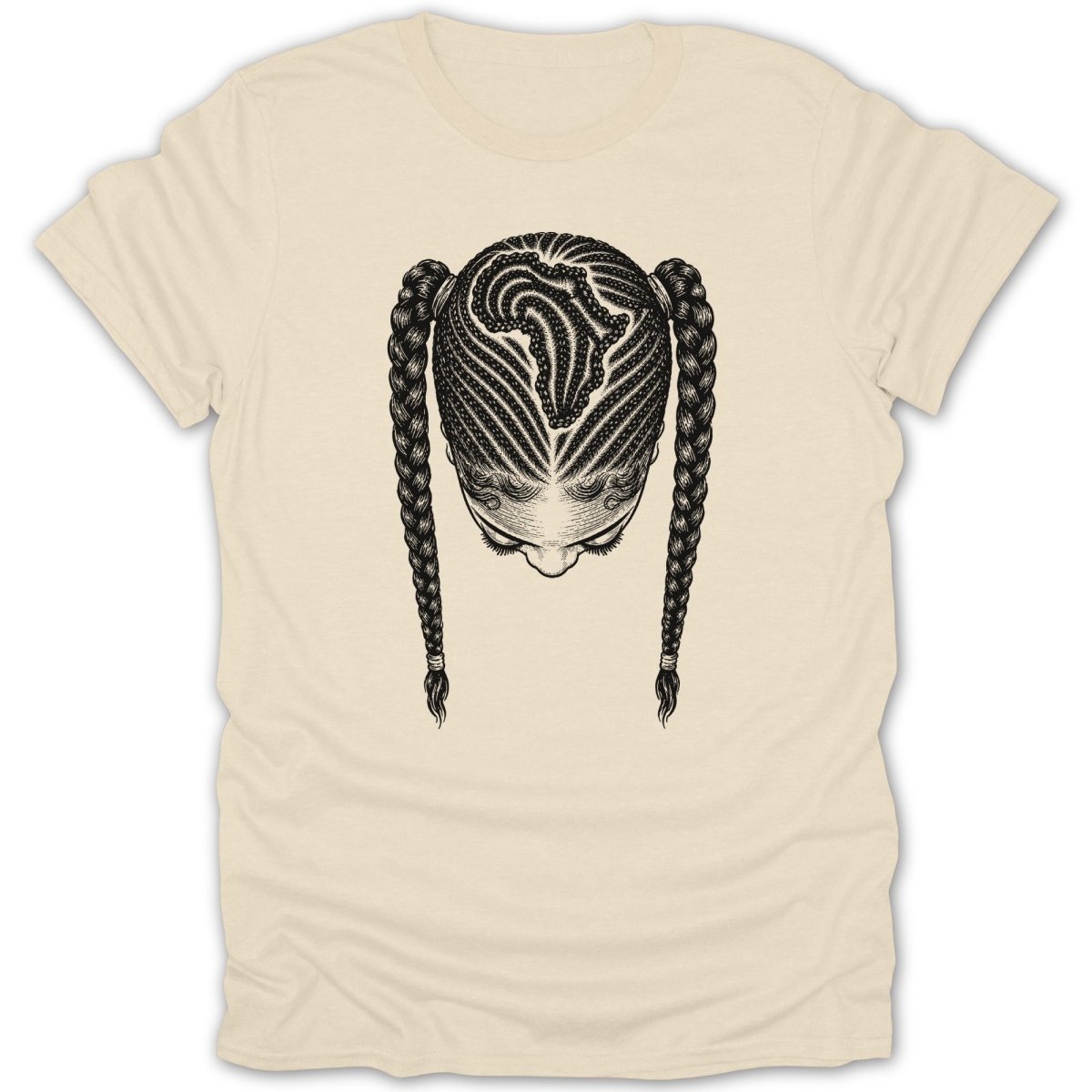T-shirt featuring a black and white illustration of a woman's braided hair.