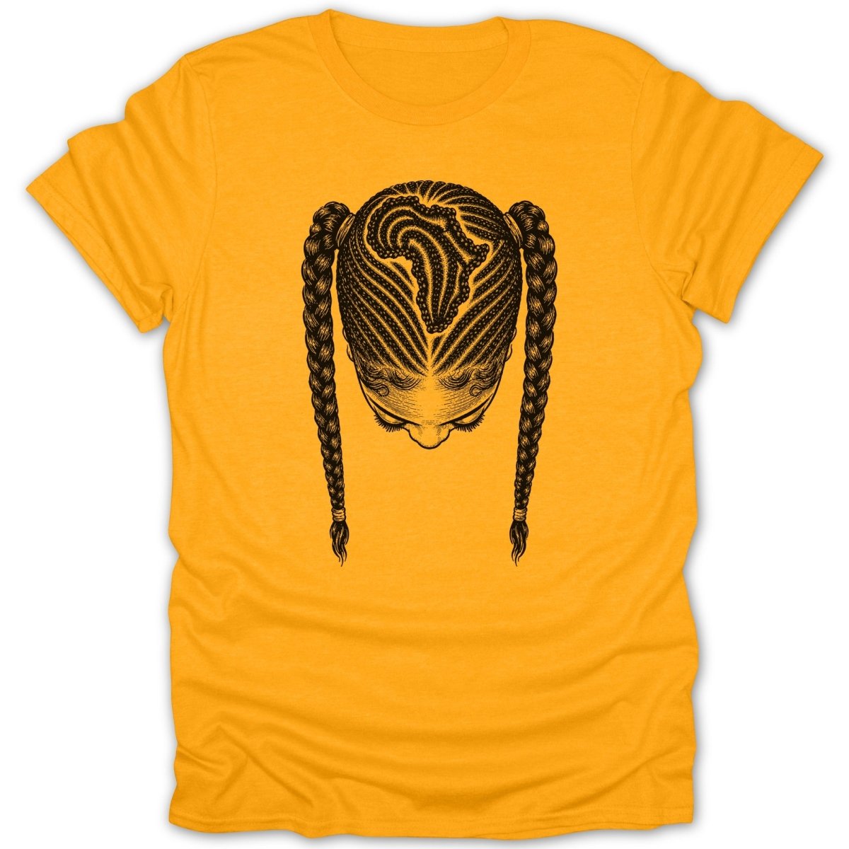 T-shirt with a black illustration of a woman's head with intricate braided hair.
