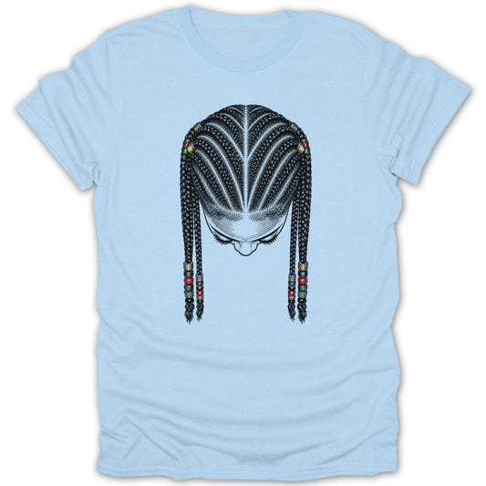 T-shirt with a graphic of a woman's head with braided hair and beaded accents.