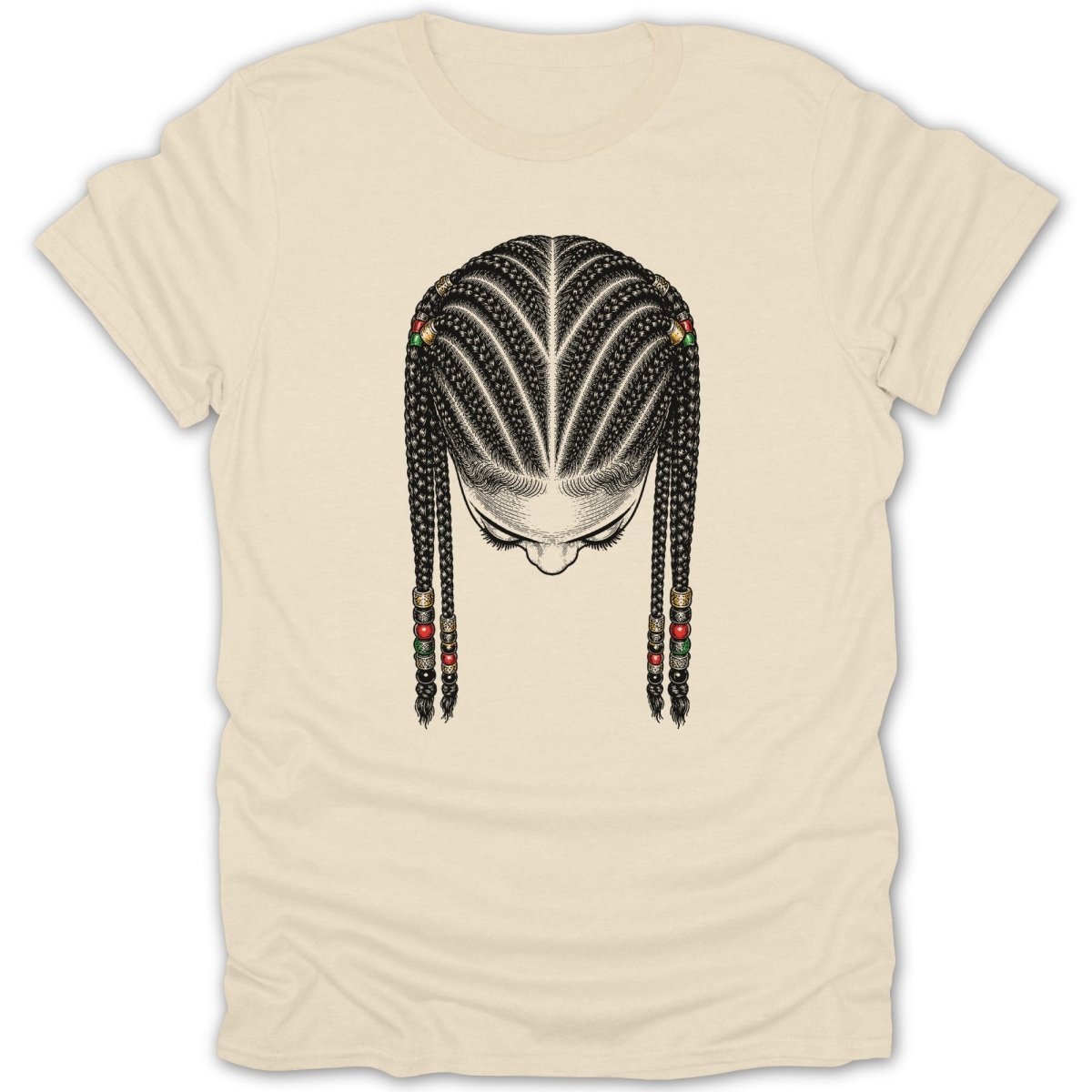 T-shirt with drawing of a woman's head with braided hair and beads.