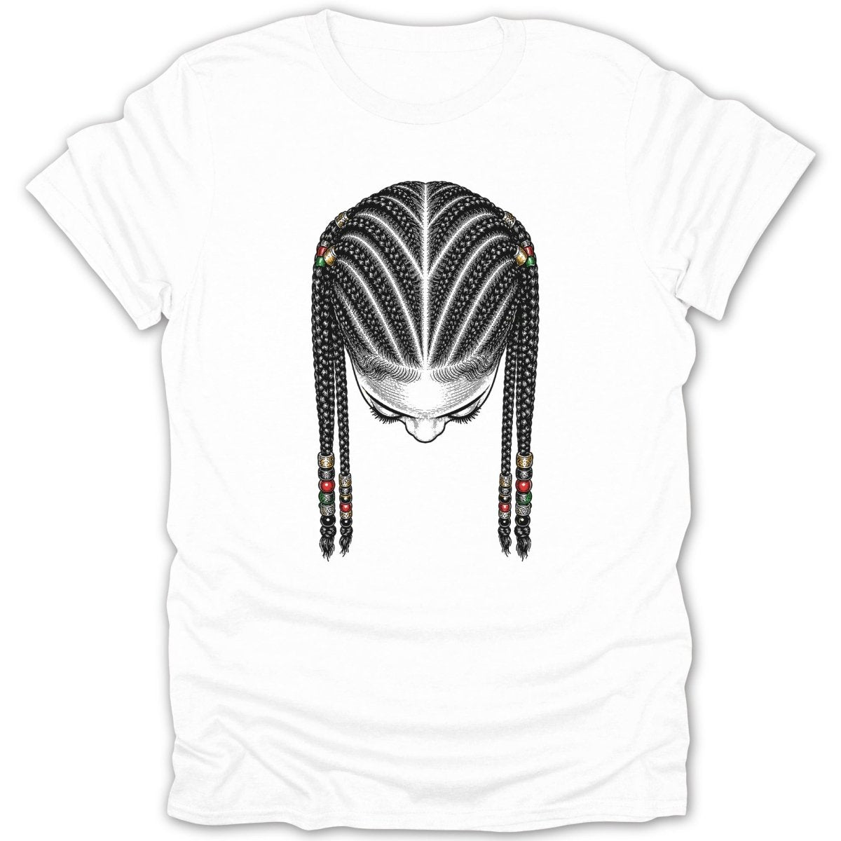 Illustration of a woman's head with braided hair adorned with colorful beads.