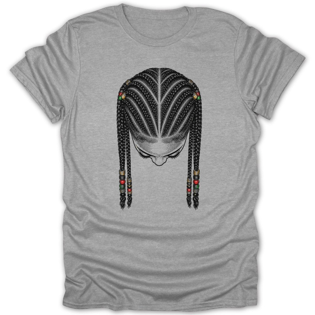 T-shirt with an illustration of a woman's head with braided hair and beaded ends.