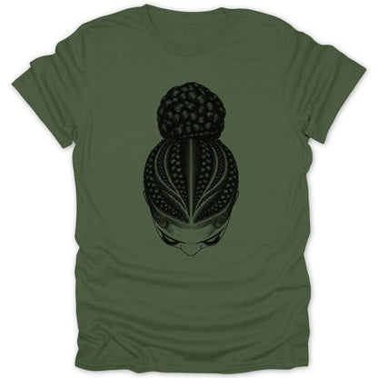 Green t-shirt with a black line drawing of a woman's head with braided hair in a bun.