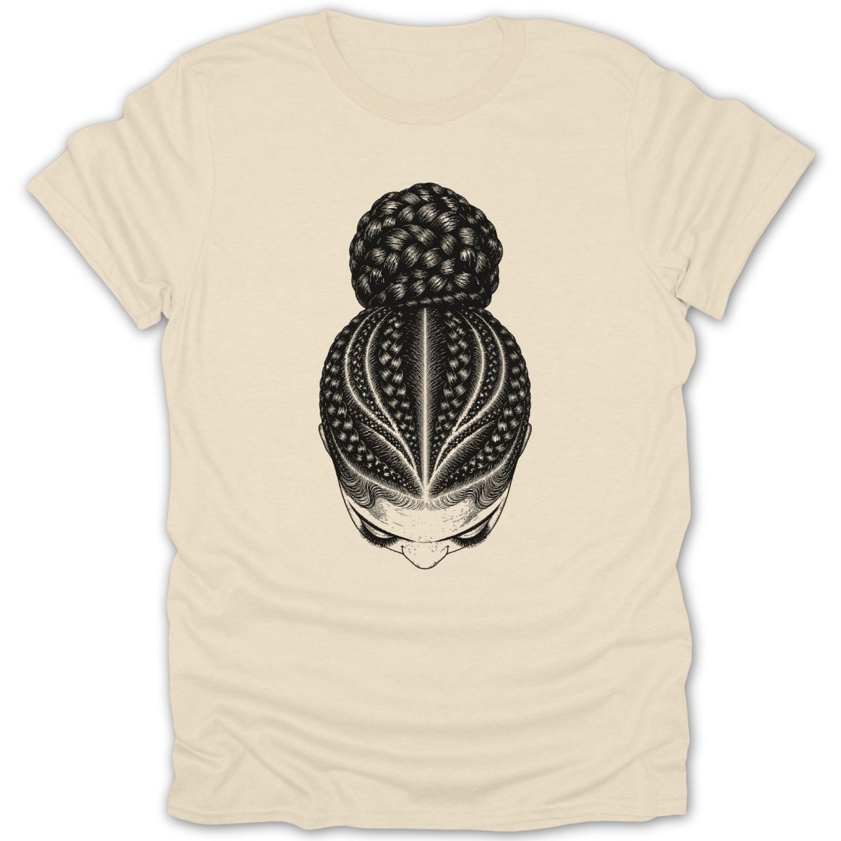 Illustration of a person's head with intricate braids styled in a bun.