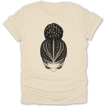 Illustration of a person's head with intricate braids styled in a bun.