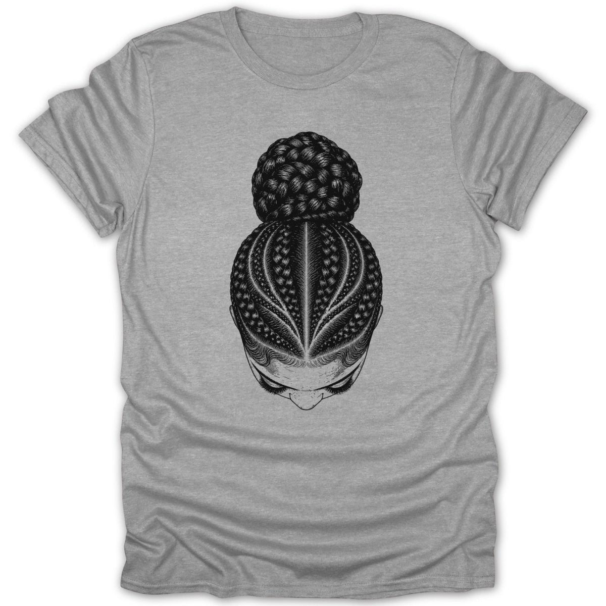 Black and white illustration of a person's head from above with intricate braids and a bun.
