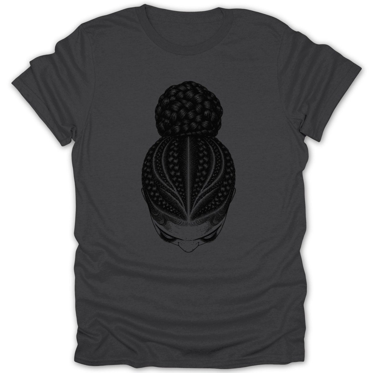 Dark grey t-shirt with a line drawing of a woman's braided hair styled in a bun.