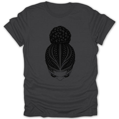 Dark grey t-shirt with a line drawing of a woman's braided hair styled in a bun.