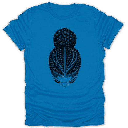 Blue t-shirt featuring a black line drawing of a woman's braided hairstyle.