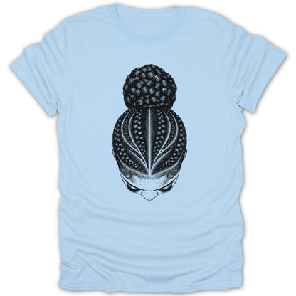 Black line drawing of intricate braided hair bun on light blue t-shirt.