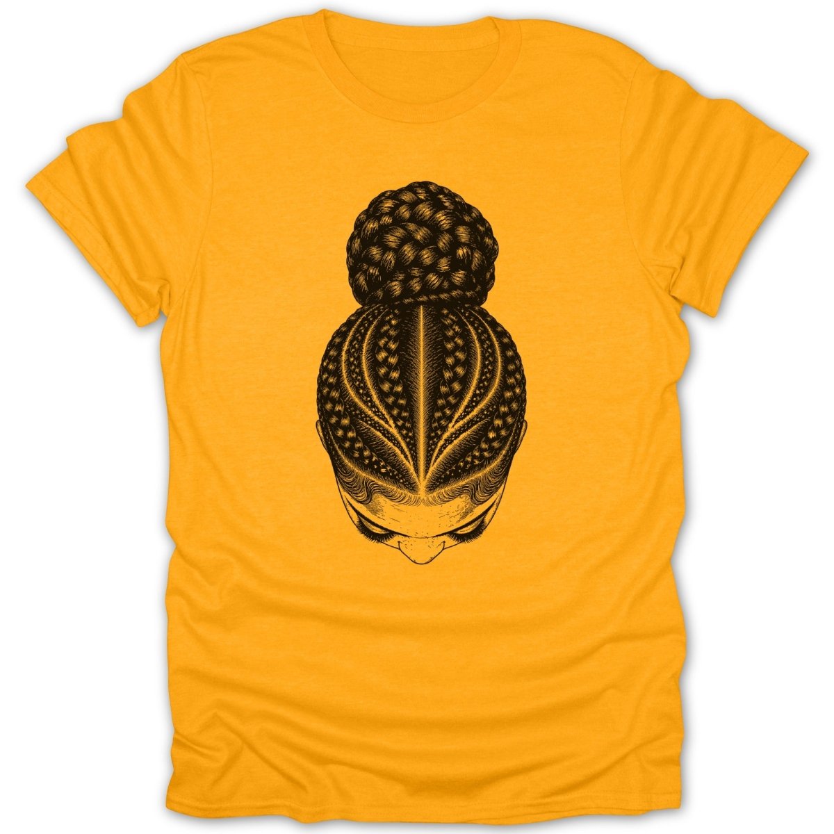 Black line art of a woman's head with braided hair on a yellow t-shirt.
