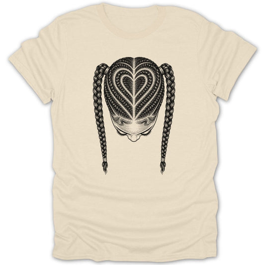 T-shirt with a braided hairstyle shaped like a heart.