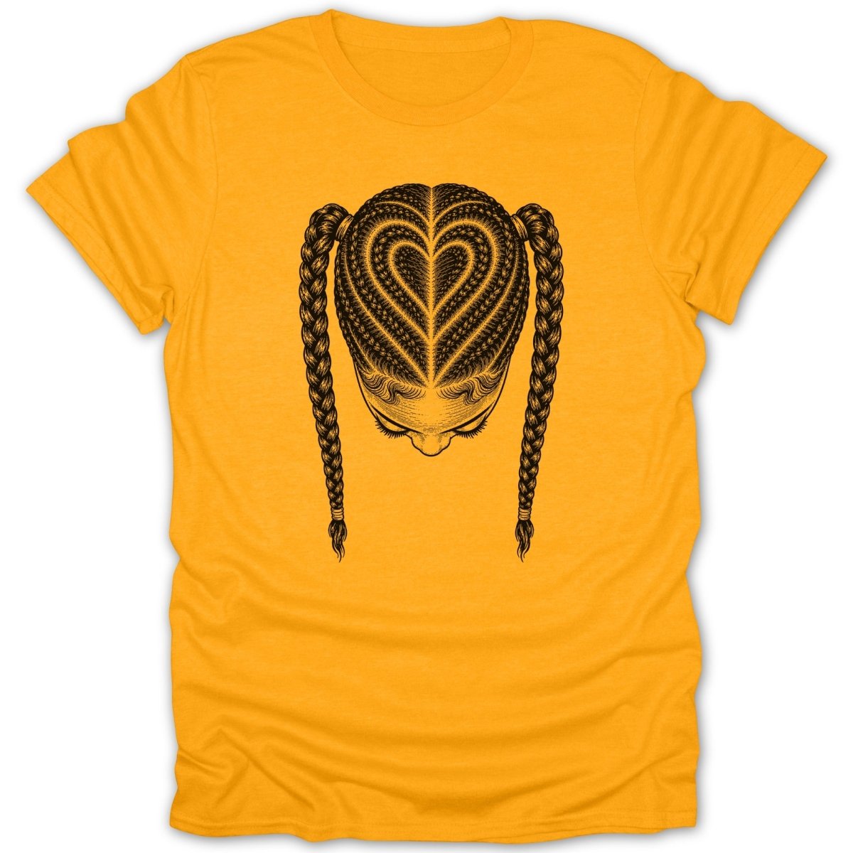 Woman with heart-shaped braids hairstyle on a yellow t-shirt.