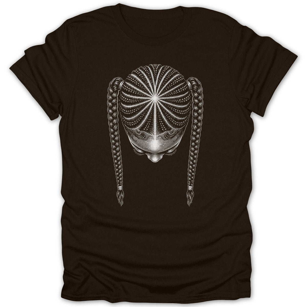 T-shirt with a black and white illustration of a person's head with braided hair.