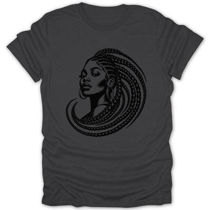 T-shirt with a black graphic of a woman with long braids and large hoop earrings.