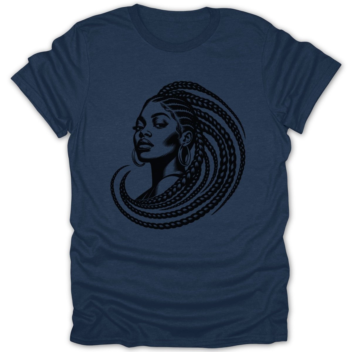 Black line art of a woman with braided hair on a navy blue t-shirt.