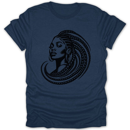 Black line art of a woman with braided hair on a navy blue t-shirt.