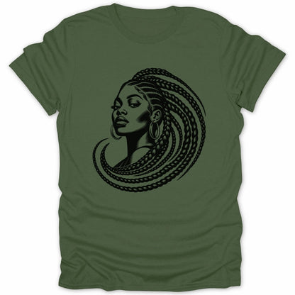 Black illustration of a woman with long braids on a green t-shirt.