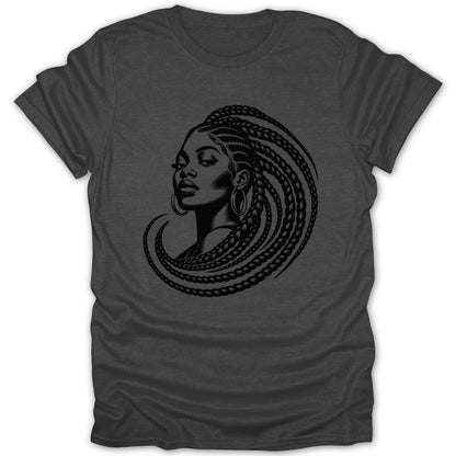Black graphic of a woman with braided hair and large hoop earrings on a dark gray t-shirt.