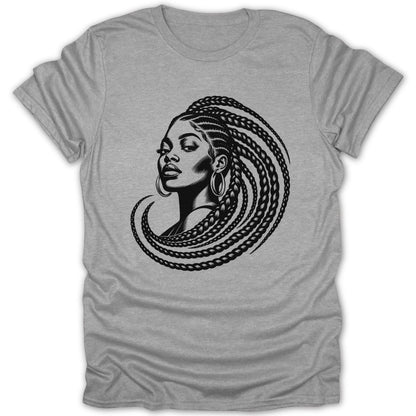 Black and white illustration of a woman with braided hair on a grey t-shirt.
