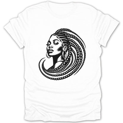 Black and white illustration of a woman with long braids on a white t-shirt.
