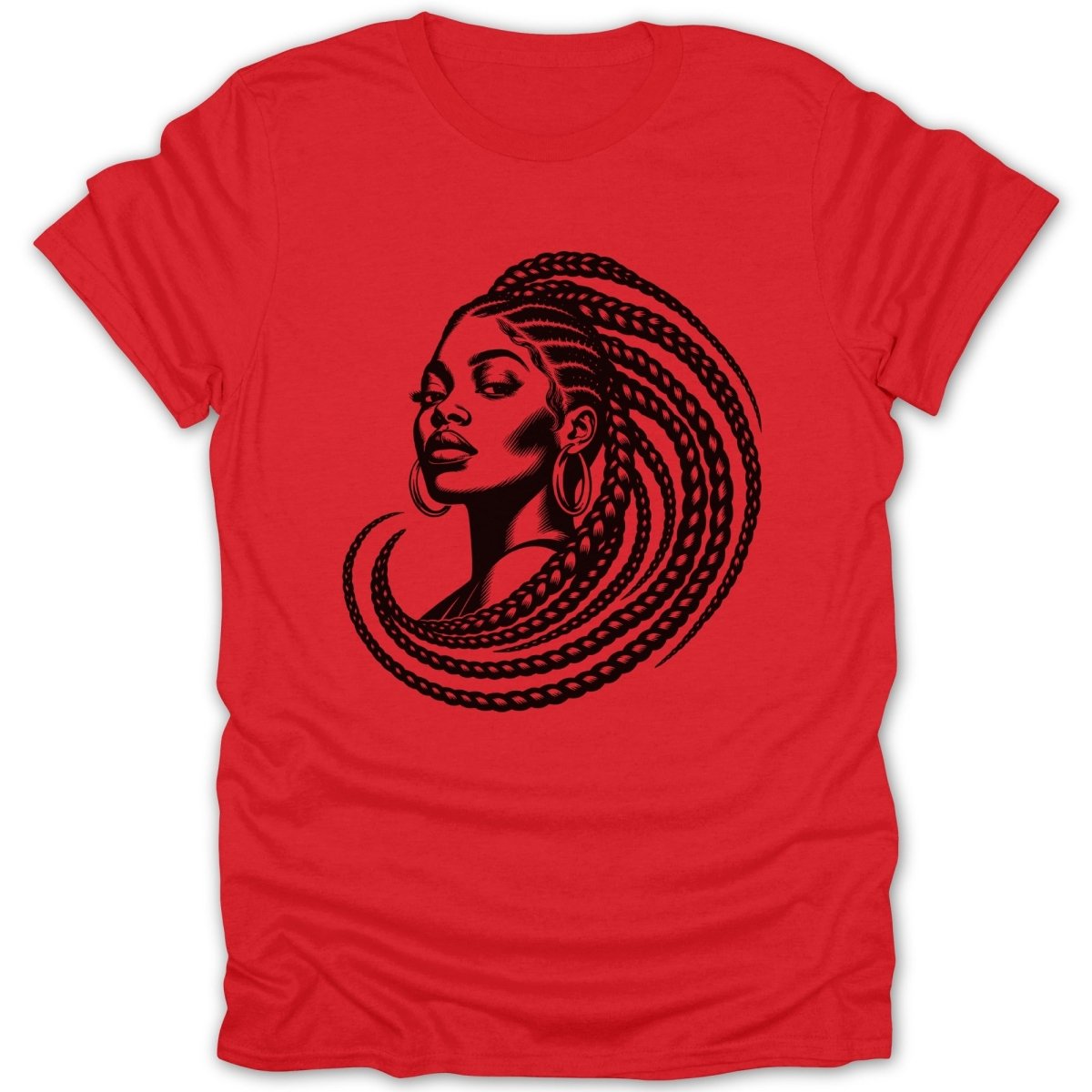 Black braided hairstyle design on a red t-shirt.