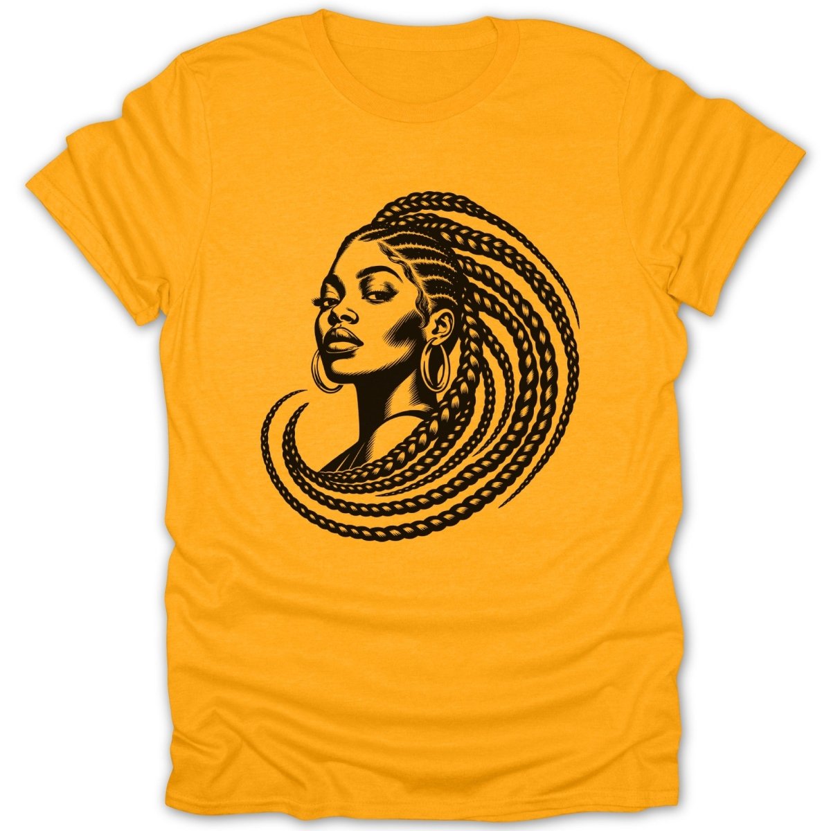 Black illustration of a woman with long braids on an orange t-shirt.