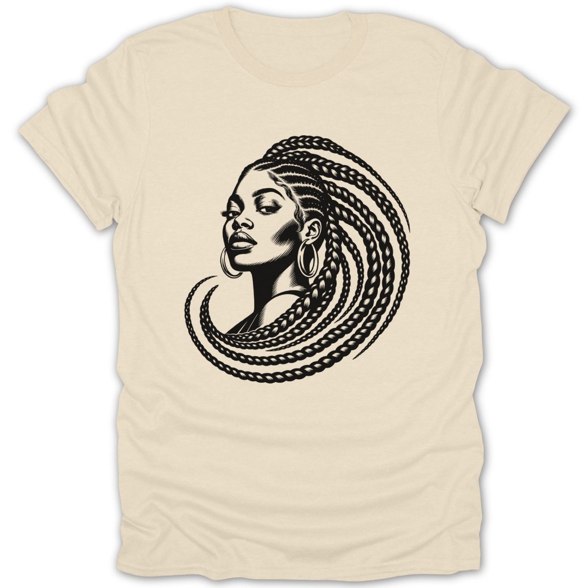 Black and white illustration of a woman with braids on a light beige t-shirt.