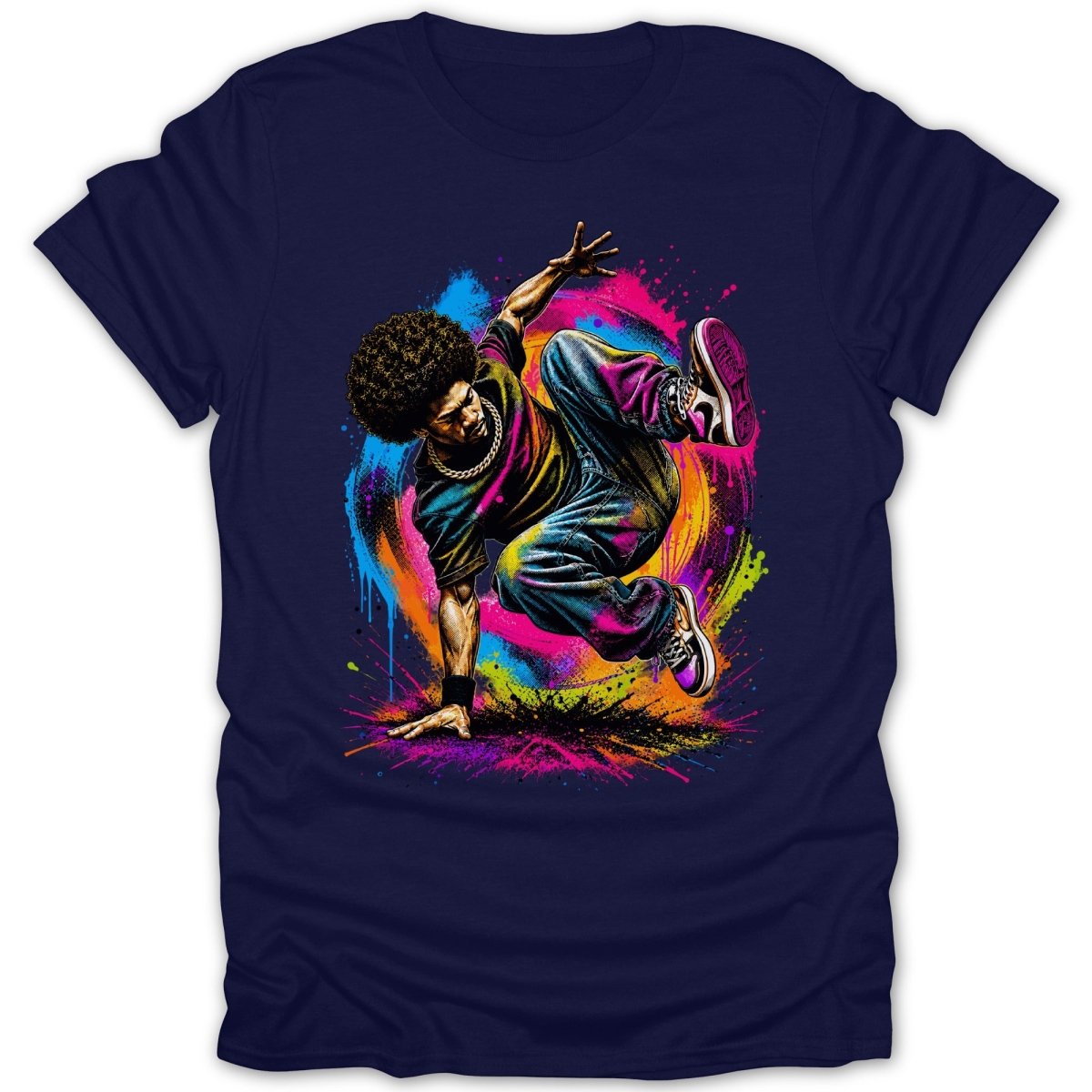 Breakdancer with afro hair on navy t-shirt with colorful spray paint splash.