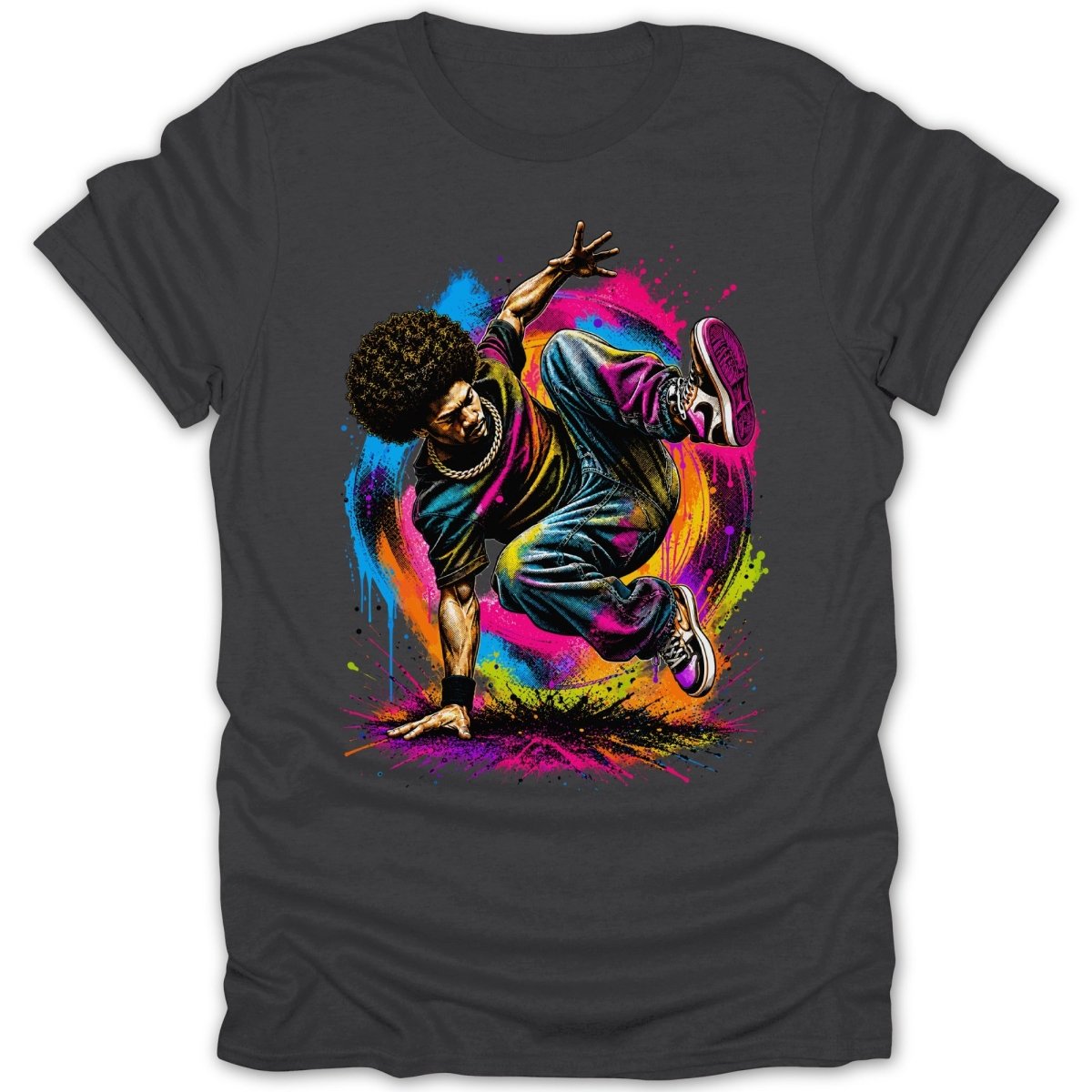 Graffiti art of breakdancer with afro on dark t-shirt, with vibrant paint splatters.