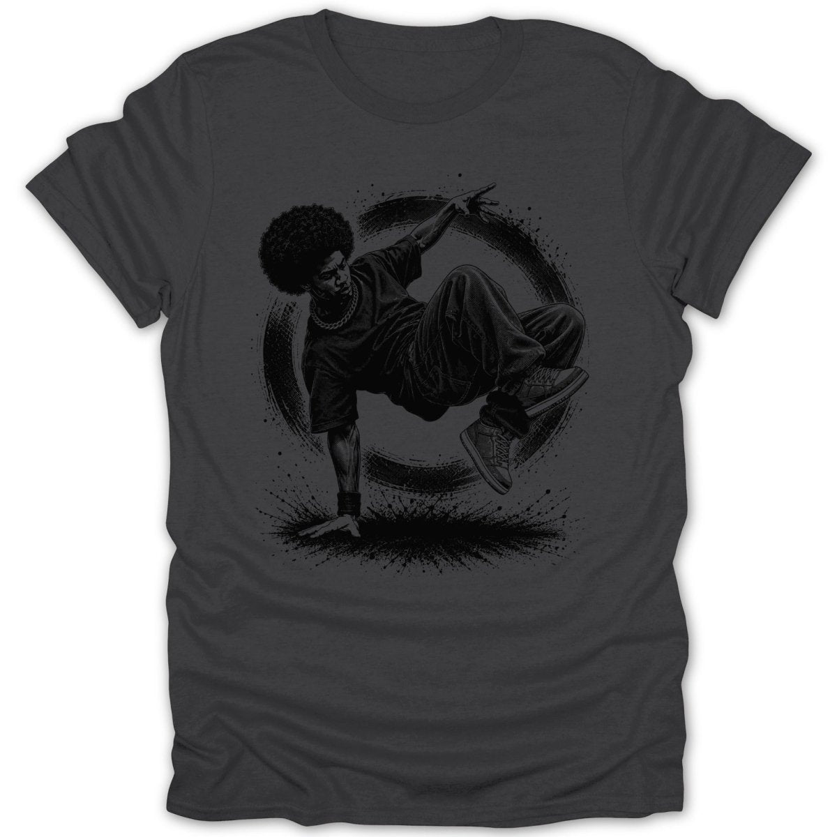 B&W illustration of a breakdancer on a dark grey t-shirt.