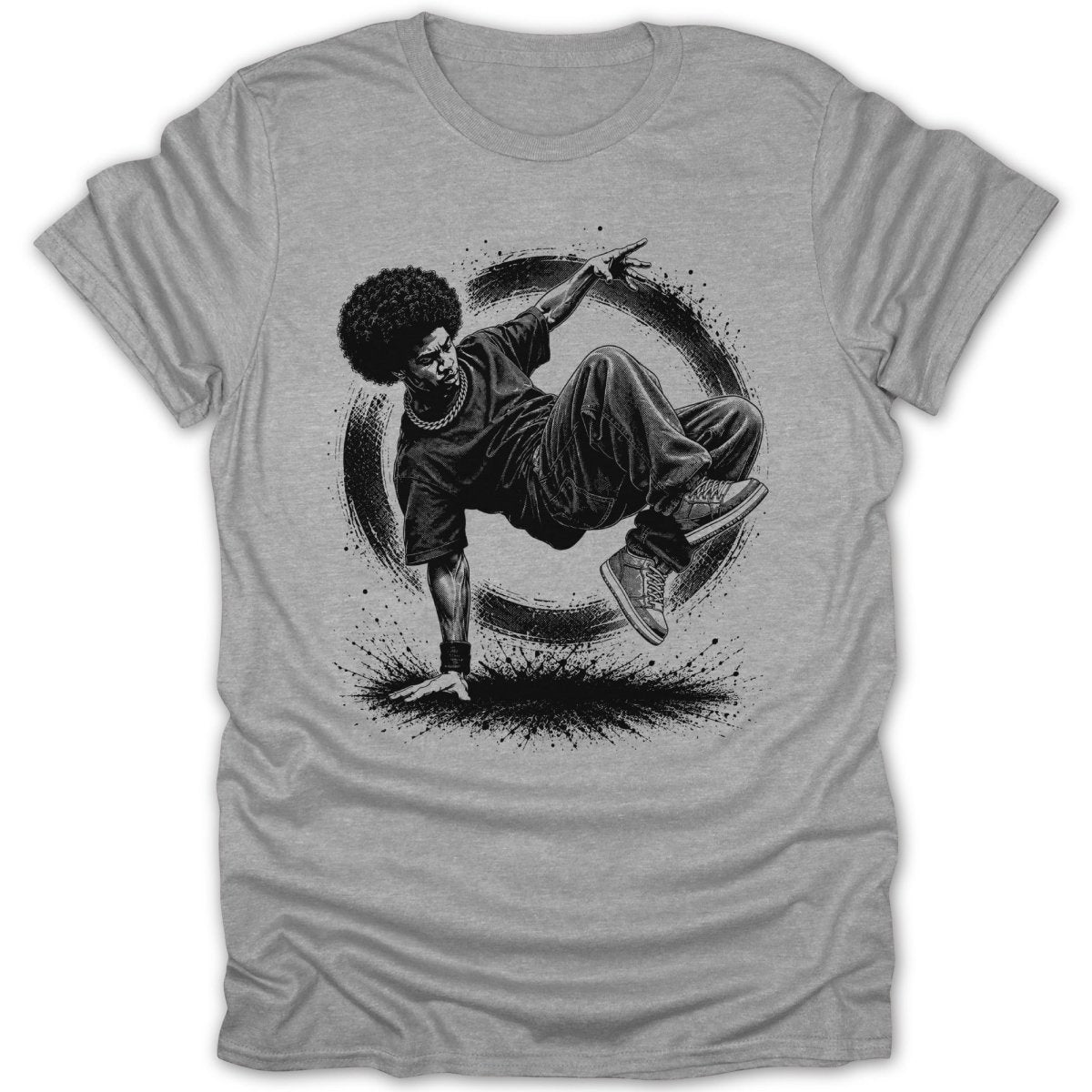 Black and white graphic of a breakdancer in mid-air within a distressed circular frame.