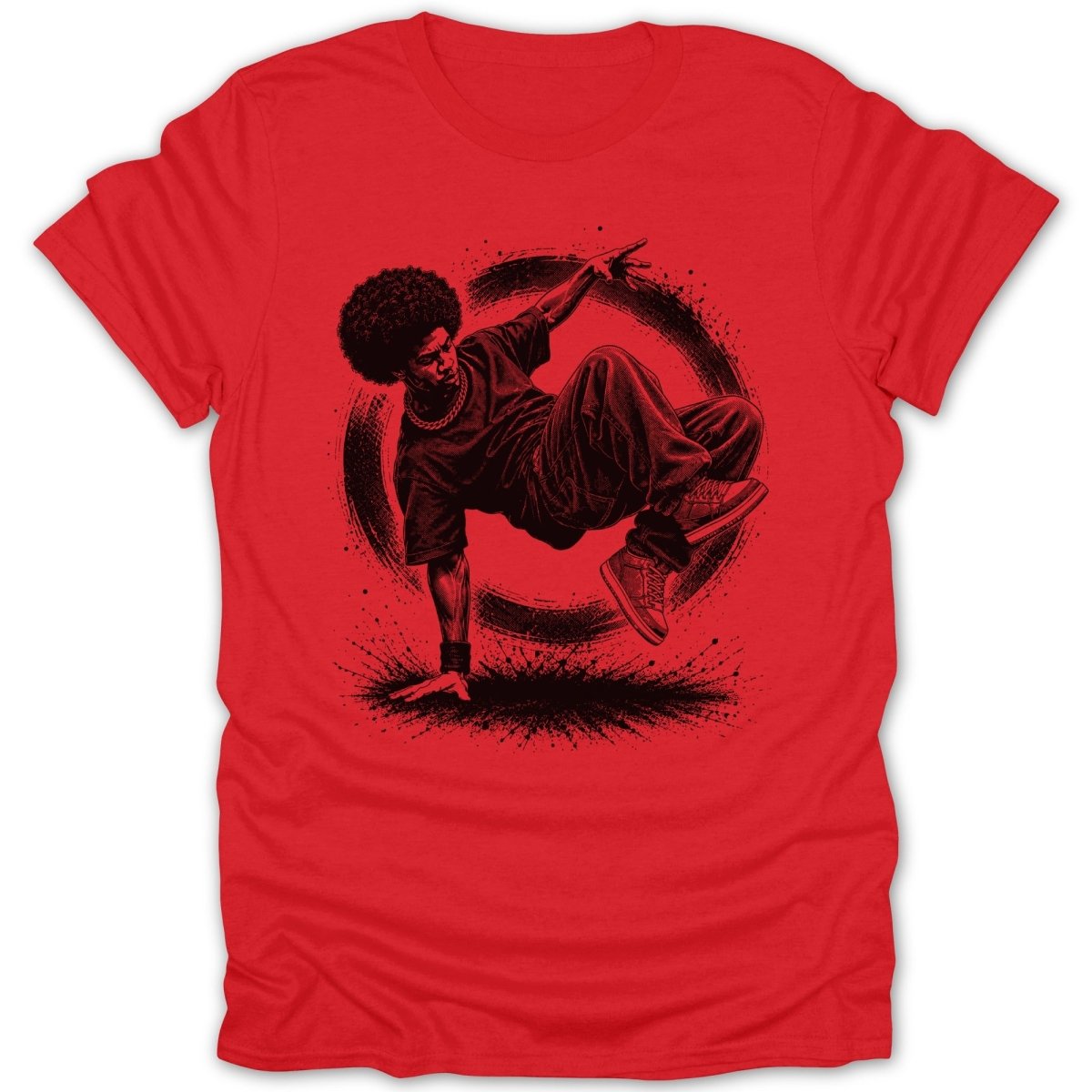 Red t-shirt with black graphic of a breakdancer in mid-air.
