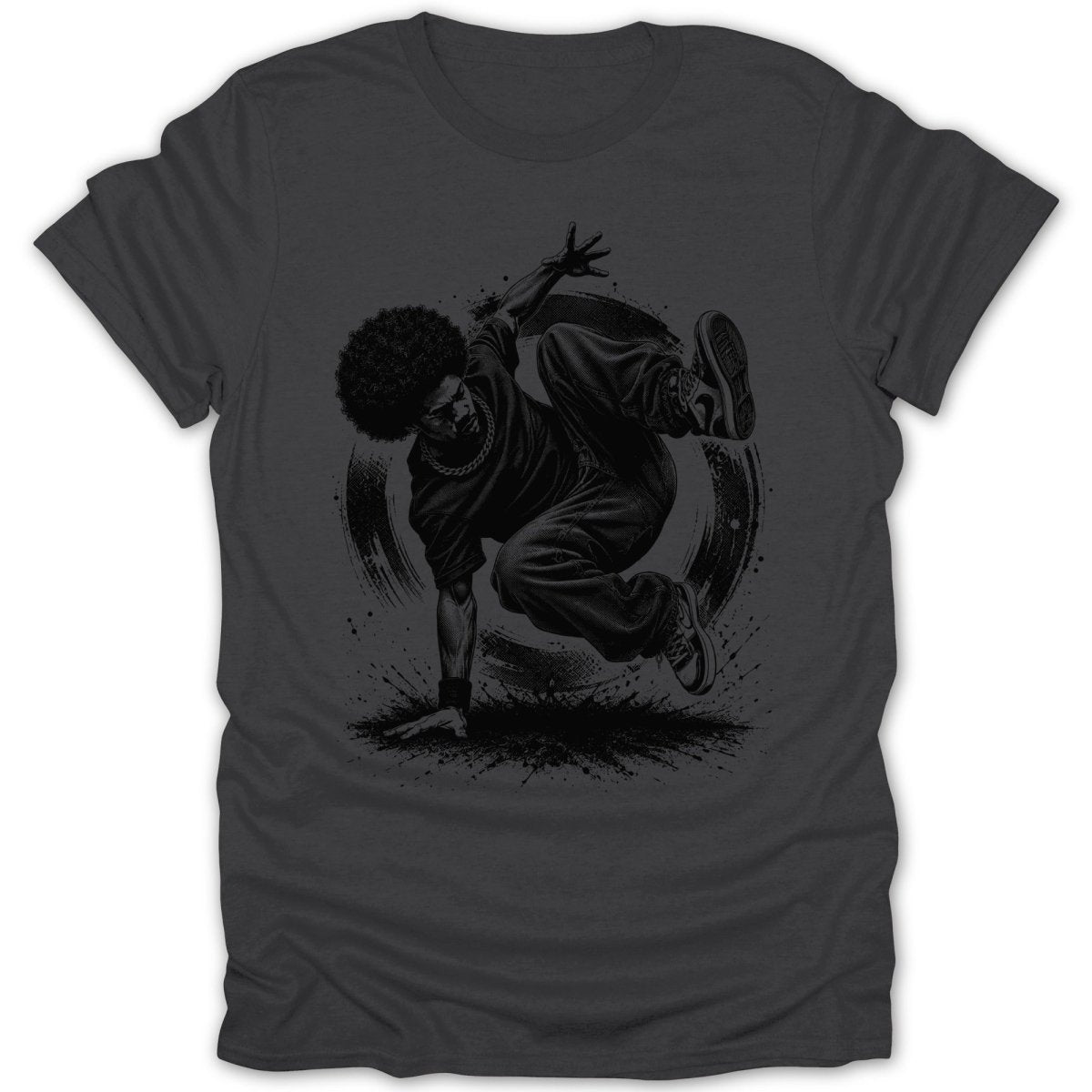 Breakdancer with afro in dynamic pose on charcoal gray t-shirt.