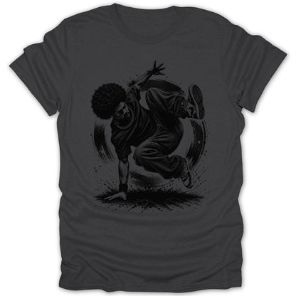 Breakdancer with afro in dynamic pose on charcoal gray t-shirt.