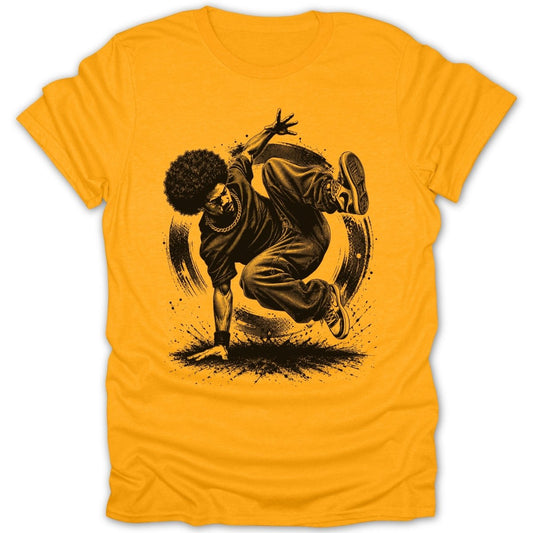 Black ink illustration on a yellow t-shirt of a breakdancer performing a move with an afro.