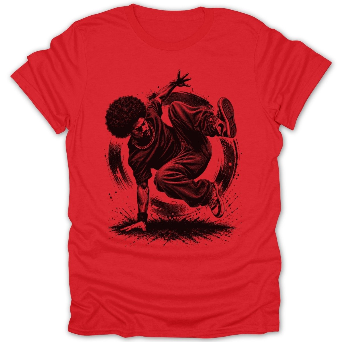 Red t-shirt with black graphic of breakdancer in mid-air, circular brush stroke background.