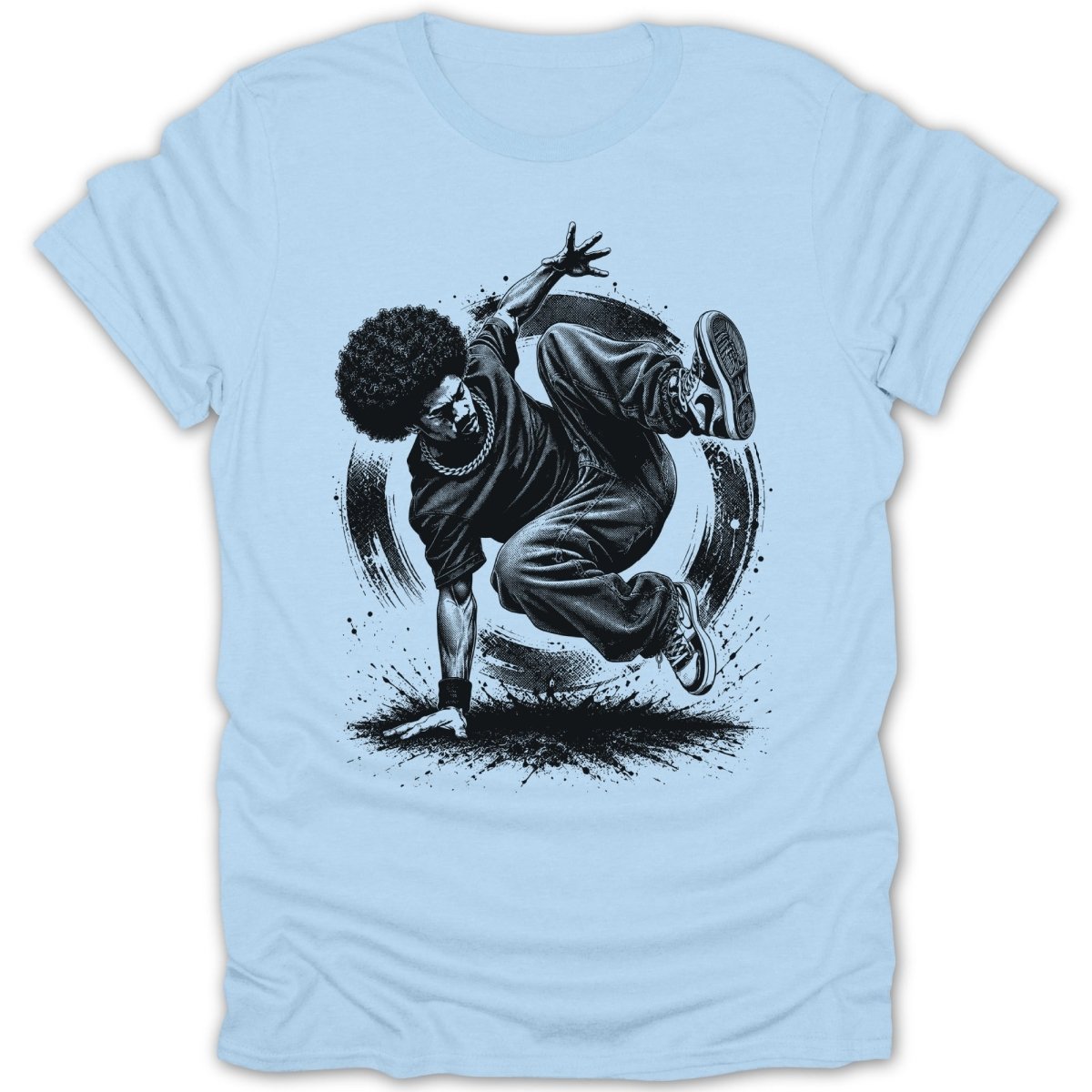 Light blue t-shirt with black graphic of a breakdancer with an afro mid-pose.