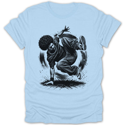 Light blue t-shirt with black graphic of a breakdancer with an afro mid-pose.
