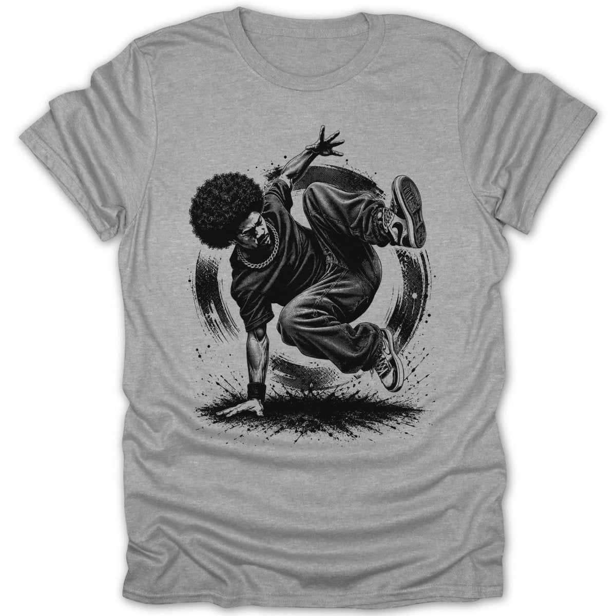 Breakdancer with afro hairstyle in dynamic pose on t-shirt.
